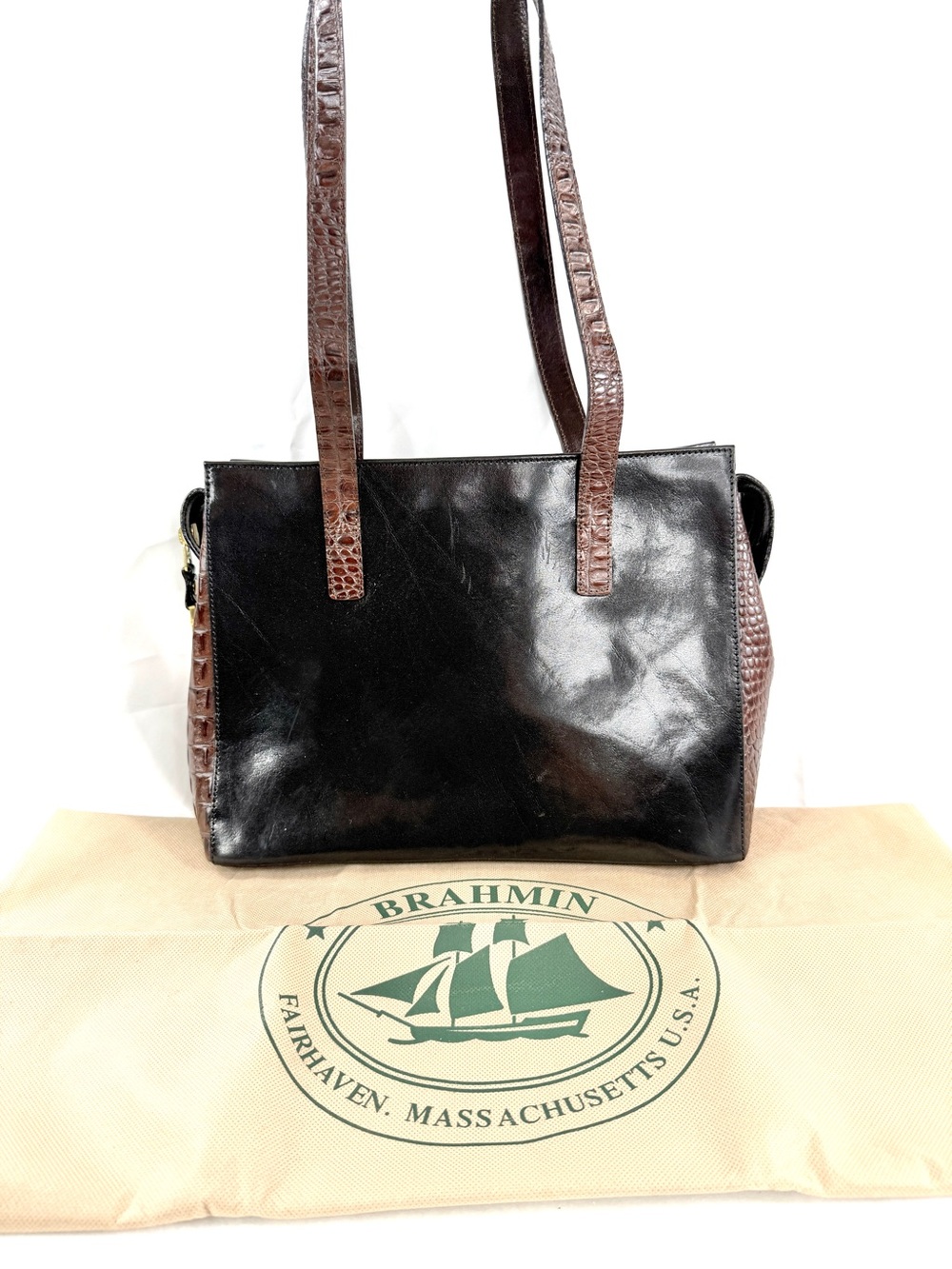 Vintage Brahim Chandler Black Tuscan Leather Shoulder Bag Brown Croc Trim NWT